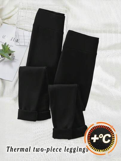 SHEIN Tween Girls Two Pieces Tight-Fitting Fleece Thermal Leggings With Waist Patch Decoration Cozy Fall & Winter Styles Suitable For Autumn/Winter Suitable For New Year, Daily, Celebration, Autumn & Winter Outfits For Easy Comfort, Autumn & Winter Layers For Girls, Stylish Girls