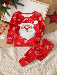 2件套男婴圣诞老人雪花印花修身长袖上衣和裤子睡衣套装，休闲舒适家居服 - 紅色 - 查看 3