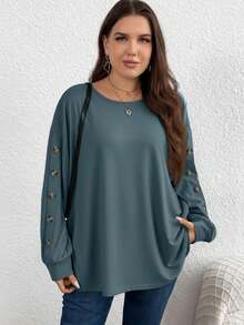 SHEIN LUNE Áo thun tay dài cổ tròn màu trơn thường ngày cỡ lớn cho nữ - Màu xanh bụi bặm - Xem 3