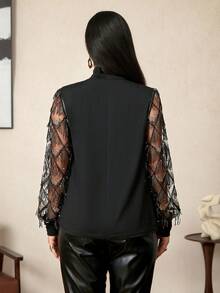 Zelara 大码亮片流苏网纱拼接扭结上衣 - 黑色 - 查看 5