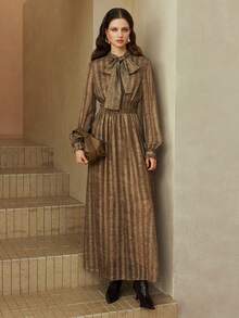 Arave 女士褶皱系带长袖连衣裙，荷叶边下摆，休闲日常穿着，数码印花条纹梭织面料 - 軍綠色 - 查看 5