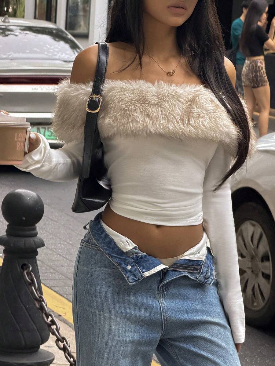 INAWLY 女士时尚性感露肩仿毛皮饰边短款上衣 - 白色 - 查看 1