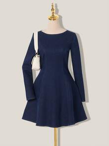 SHEIN MOD 女士休闲收腰牛仔连衣裙，带保暖内衬，冬季款 - 深色水洗藍 - 查看 1