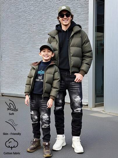 Young Boys Vintage Distressed Black Jeans, Streetwear Casual Relaxed Fit Ripped Jeans With Frayed Hem, Elastic Waist, 5-Pocket Design, Soft Cotton Denim, Suitable For Daily, Party, School, Commute, Autumn/Winter New Arrival Distressed Clothes Boys