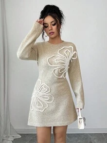 Elenzga 女士休闲碎花落肩宽松腰身毛衣连衣裙，适合日常通勤和度假，秋冬季 - 杏色 - 查看 3