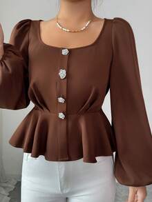 SHEIN Elenzya Women's Dark Brown Autumn Elegant Office Long Sleeve Blouse,Square Collar,Front Button Closure,Floral Decor,Pleated Waist,Cropped Hem,French Vintage - Coffee Brown - View 4
