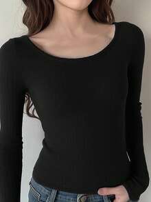 SHEIN Teen Girls' Ribbed Crew Neck Elastic Fitted All-Match Versatile Long Sleeve T-Shirt, Comfortable - Black - View 3