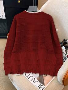 GlowEve CURVE Áo khoác len cardigan màu kaki, cổ chữ V đính hạt ngọc trai + vải organza, tuyệt đẹp - Màu Đỏ Sâu - Xem 2