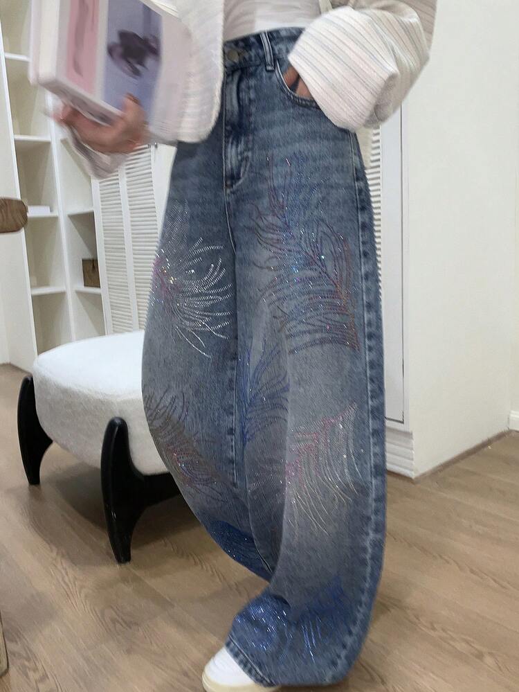 Women's Rhinestone Embellished Korean Style Distressed Washed Casual Jeans