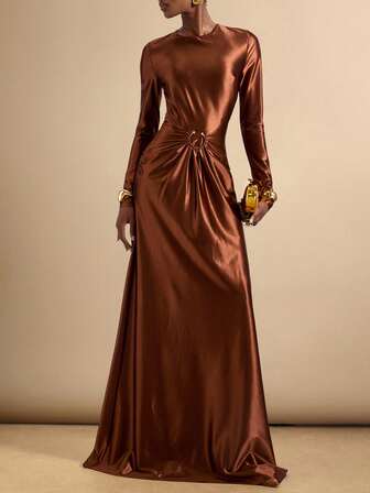 SHEIN Veneréa Brun rund halsringning, långärmad klänning med veckad midja och metallringdekor, rygglös, ihålig design, lämplig för flera tillfällen