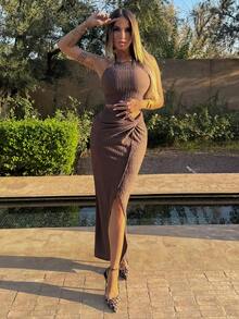 Manon Tanti Women's Plain Short Halter Neck Tank Top And Waist Twisted Knot Skirt Two Pieces Set - Brown - View 1