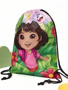 DORA | SHEIN 1 件卡通印花抽绳背包，可调节肩带，健身包，帆布背包，休闲包，旅行包，运动沙滩包，朵拉 - 粉色 - 查看 2