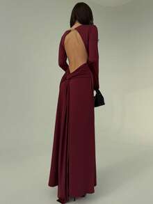 Aloruh Váy đuôi cá hở lưng tay dài màu trơn tối giản gợi cảm dành cho nữ - Màu Đỏ Sâu - Xem 7