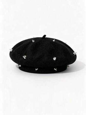 Grunge Punk 1pc Punk Style Circular Hollow Rivet Beret Hat, Y2K Round Pendant Newsboy Cap, Daily Personalized Fashion Item