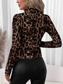 SHEIN Clasi Women's Casual Turtleneck Tight Fit Long Sleeve T-Shirt, Leopard Print, Suitable For Autumn/Winter - Multicolor - View 2