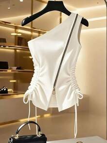 Franclia 侧腰褶皱蝴蝶结不对称领口露肩金属拉链白色街头风女式上衣，适合秋季穿着；全白秋冬女式针织弹力面料；个性十足的美式辣妹风小众上衣；欧美性感酷炫背心 - 白色 - 查看 5