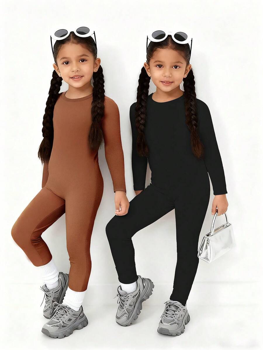 2pcs Girls Snug Fit Warm Solid Color Romper,Soft Ribbed Material Long Sleeve Jumpsuit Set For Autumn/Winter Home Outfits,Black,Summer - Multicolor - View 1