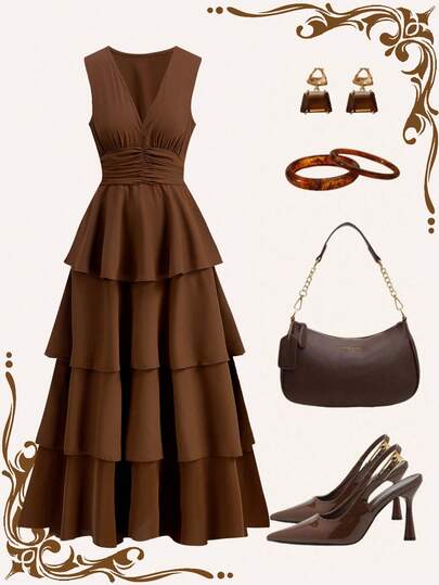 Ellevyn Women's Elegant Extra Long Cake Skirt Dress, V-Neck Elastic Waist Goddess Dress For Party & Events, Autumn/Winter, Brown  Brown Dress For Women  Brown Outfits For Women Brown Wedding Guest Dress Elegant Outfits Brown Dresses Classy Elegant Brown Sundress Women's Autumn And Winter Dresses Elegant Dresses For Women  New Women's Autumn/Winter Clothing