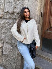 Calvaya Plus Size Women Knitted Fabric Fashion Jacket, Autumn/Winter - Apricot - View 4