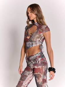 MUSERA Snake Print Mesh High Neck Cut Out Trim Ruched Side Cap Sleeve Top Cool Girl, Fall, Going Out, Sexy, , Costumes, , Costumes For Women, For Women, Women's Costume Winter Christmas Party