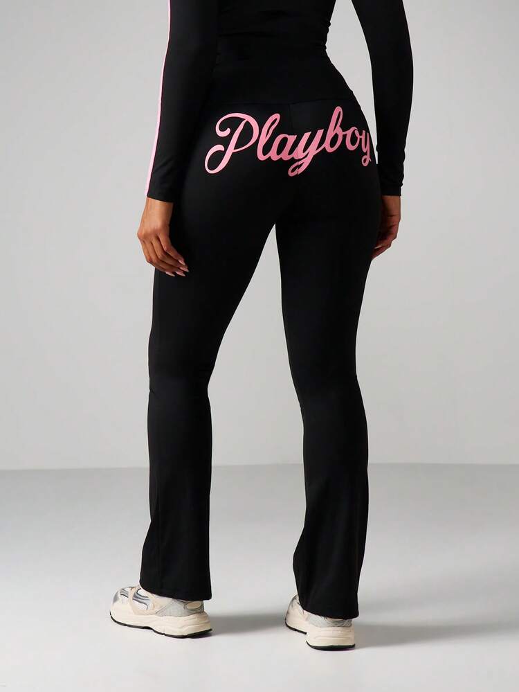Missguided x Playboy High Waisted Flare Leggings With Script Print And Bunny Logo For Active Lifestyle