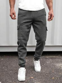 SHEIN SLAYR KIDS Teen Boys' Casual Stripe Grey & Black Webbing Pocket Drawstring Sweatpants Set, Suitable For Autumn, Winter, Warmth, Schoolwear, Homewear, Daily Wear, Sports, Birthday Party, Outings. All-Match, Simple, Thermal Lined - Dark Grey - View 3