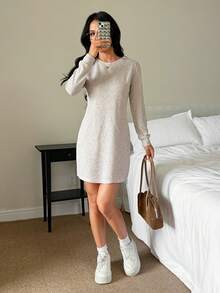 SHEIN PETITE Women's Casual Ribbed Long Sleeve Short Dress, Basic For Autumn/Winter Daily Wear - Apricot - View 2