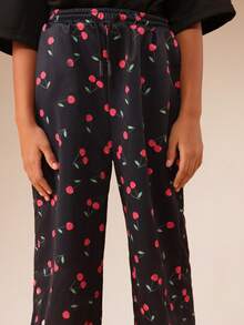 SUMWON Tween Girls Cherry Print Co-Ord Set With Oversized Top And Wide Leg Pants Casual Outfit - Black - View 6