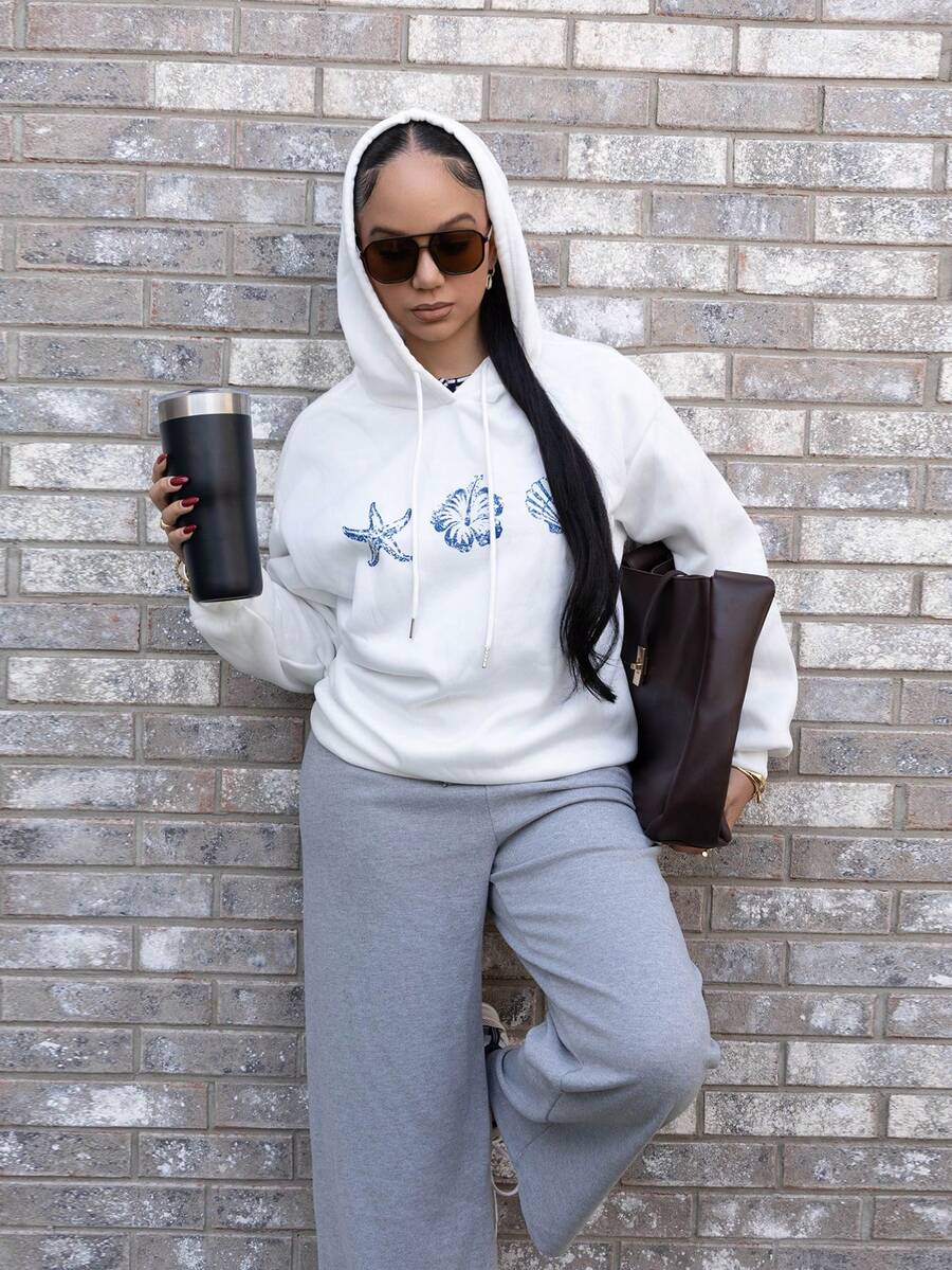 Melissa Matos 休闲简约海星印花连帽长袖宽松加厚女式卫衣 - 白色 - 查看 1