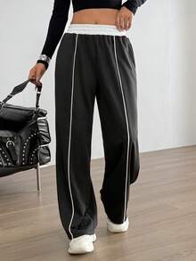 Aidyla Farbblock & Leoparden Muster Patchwork Lässig Sport Jogginghose - Schwarz - Übersicht 3