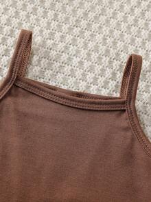 SHEIN Playful Pals 3件套女婴时尚别致套装：格子长袖衬衫+背带短款露脐上衣+喇叭牛仔裤休闲套装 - 棕色 - 查看 4