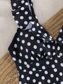 Swim Lushoire 2pcs Polka Dot Print Ruffle Trim Women Camisole & Bikini Set - Black and White - View 8