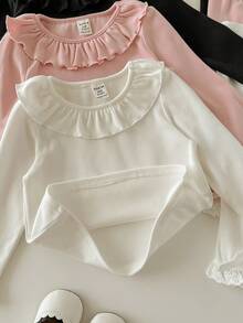 Newborn Baby Girl Casual Solid Color Ruffle Trim Long Sleeve Top And Elastic Waist Pants Set - Multicolor - View 10