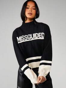 MISSGUIDED 秋冬季粗针织高领毛衣，饰有撞色条纹和品牌标志印花 - 黑與白 - 查看 1