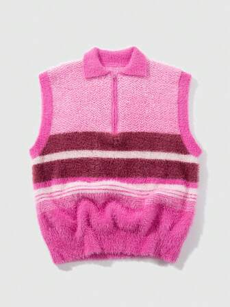 Street Life Gilet tricoté zippé à demi-zip de couleur contrastée, décontracté et quotidien pour hommes