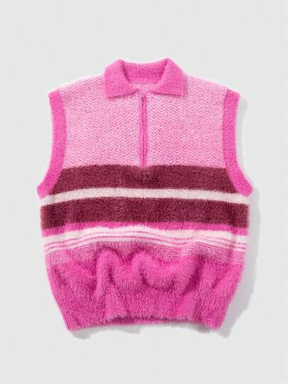 Street Life Gilet tricoté zippé à demi-zip de couleur contrastée, décontracté et quotidien pour hommes