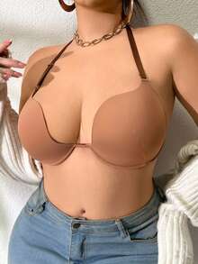 SHEIN Plus Size Contrast Color Strap Seamless Comfortable Bra - Coffee Brown - View 4