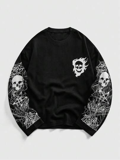 Street Life Sweat-shirt col rond à manches longues, imprimé crâne et pentagramme, tricot gaufré décontracté pour hommes