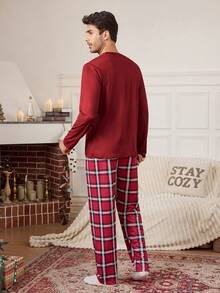 CoupledUp 男士格子爱心印花长袖上衣和裤子家居服套装，冬季服装 - 紅色 - 查看 3
