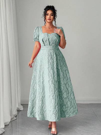 Elenzga Plus Size Women's Elegant Vintage Floral Jacquard Red Square Collar Waist Cinched Long Dress, Suitable For Summer, Back To School, Graduation, Holidays, Valentine's Day, Music Festivals, Mother's Day, Christmas, Halloween, Thanksgiving, Easter, National Day, Balls, Dates, Parties, Outings