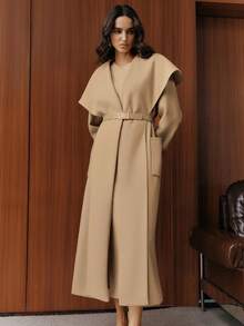 Anewsta Elegant Solid Color Oversized Lapel Overcoat, Autumn/Winter - Khaki - View 7