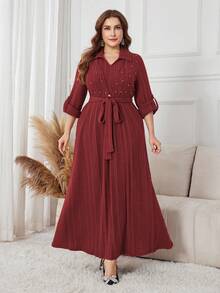 Lacomfia Plus Size Women Rhinestone Embellished Shiny Knit Elegant Long Sleeve Dress - Burgundy - View 4