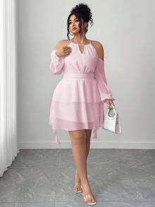 Cravure Women's Cold Shoulder Solid Color Keyhole Neck Lantern Sleeve Dress