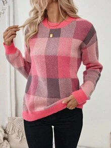 Elnivra 女士休闲宽松落肩印花套头毛衣，秋冬款 - 西瓜粉 - 查看 5