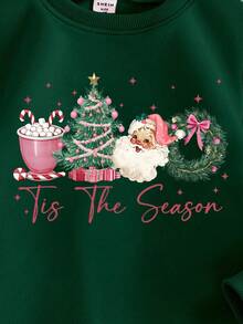 SHEIN 圣诞快乐少女时尚创意可爱圣诞老人、圣诞树、花环、拐杖糖、字母印花圆领卫衣，适合圣诞派对 - 綠色 - 查看 4