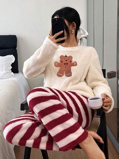 SHEIN Women's Pajama Set With Embroidered Bear, Red Plush Striped Pants, And Printed Round Neck