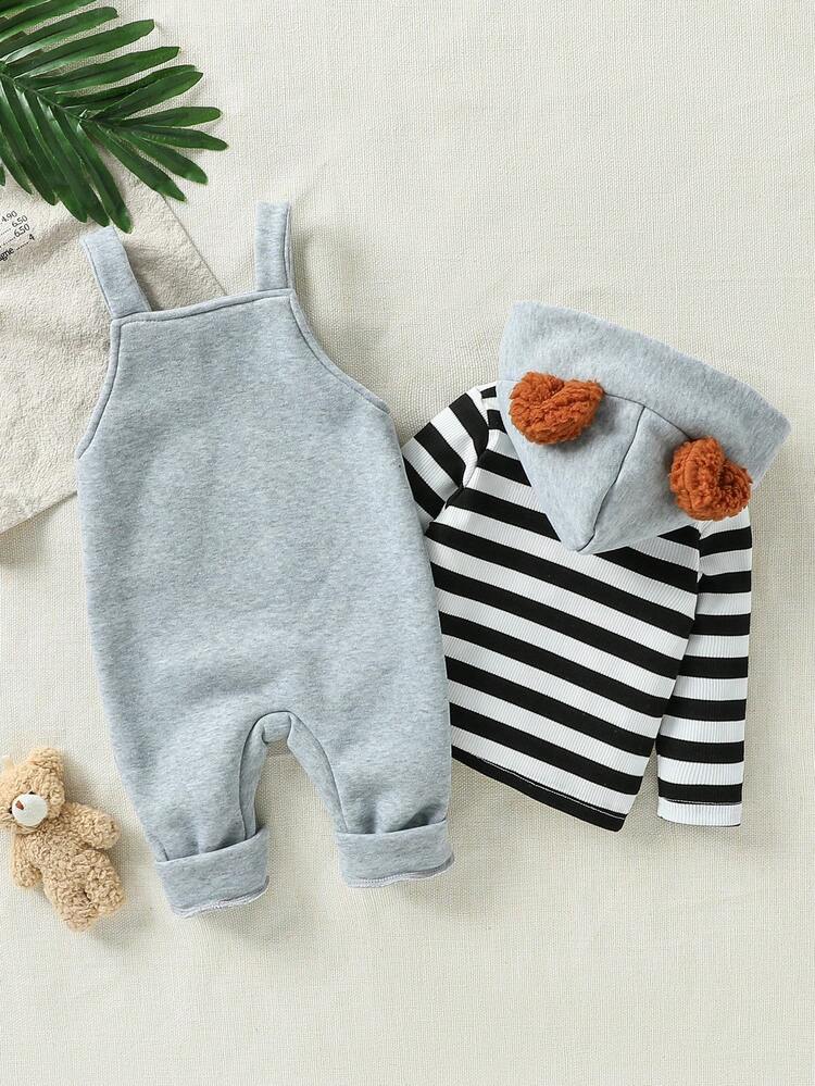 SHEIN Playful Pals Baby Boy 3D Plush Ear Striped Hoodie Top And Bear Embroidery Overalls 2pcs Outfit Set, Cute Outfit With Big Bear Badge, Infant/Toddler Autumn/Winter Clothing, Unisex Newborn To 2 Years Old - Multicolor - View 2
