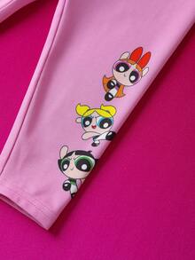 THE POWERPUFF GIRLS X SHEIN 2pcs Baby Girl Cartoon Print Striped Round Neck Drop Shoulder Sweatshirt & Leggings Casual Knit Outfit Set Powerpuff Girls Set - Multicolor - View 5