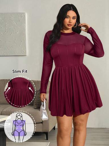 Hourglow Vestido de moda de manga larga con cuello redondo y malla de unicolor para mujer de talla grande, para otoño/invierno, para figura de reloj dna