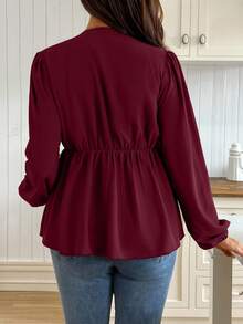 SHEIN Maternity Contrast Lace Deep V-Neck Tie Front Lantern Sleeve Sexy Blouse